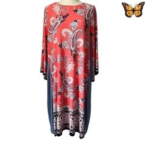 STUDIO One 3/4 Bell Sleeves Paisley Print Shift Crew Neck Midi Dress Size Medium